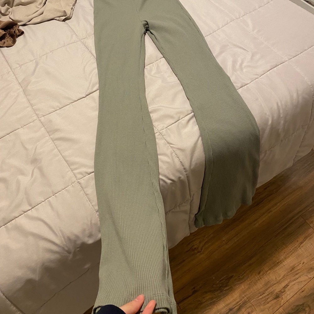 green ribbed flare pants